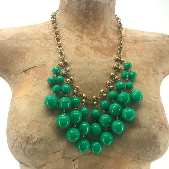 Stella & Dot Beaded Bib Statement Necklace Green Gold Princess Length Chain Link - Picture 7 of 12